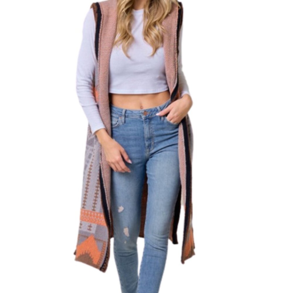 Women's Grey-Orange multi color Aztec Pattern Knit Hooded Long Cardigan … - Picture 2 of 6